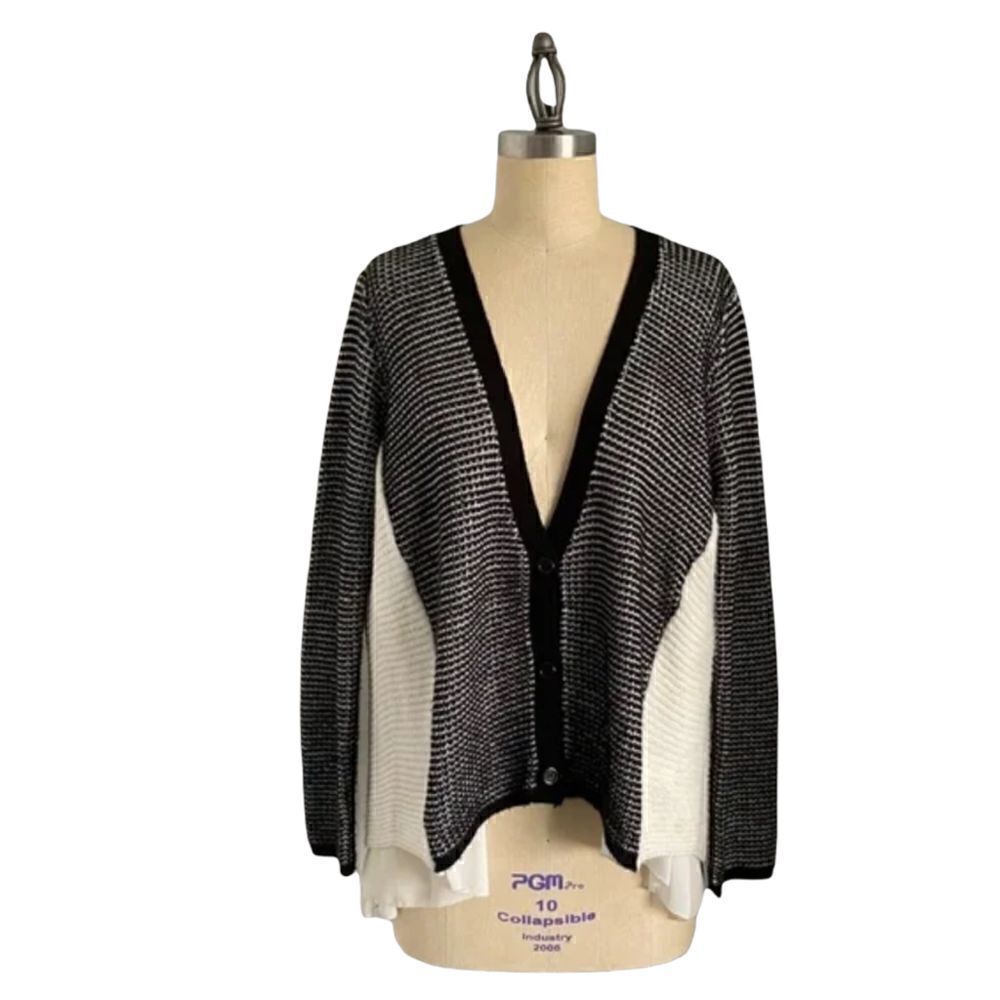 Finn & Clover Herringbone Peak-a-boo Chiffon Draped Back Cardigan Sweater